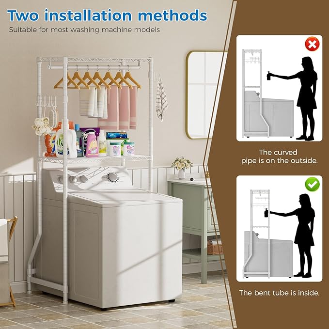 Over Washer and Dryer Shelves,2 Tier Adjustable Height Wire Shelving Laundry Room Storage Organization Clothes Drying Rack with Hanger Rod&Hooks,Space Saving Organizers Shelf,White