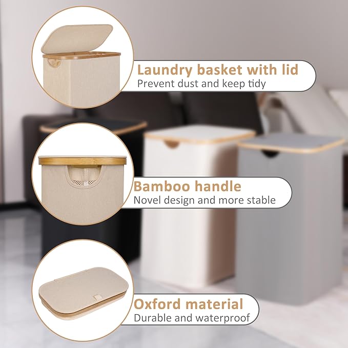 65L Slim Laundry Hamper, Narrow Laundry Basket with Lid,Foldable Clothes Hamper with Bamboo Handles,Hamper Basket with Removable Inner Bag for Laundry Room Bedroom College Dorm,Oatmeal