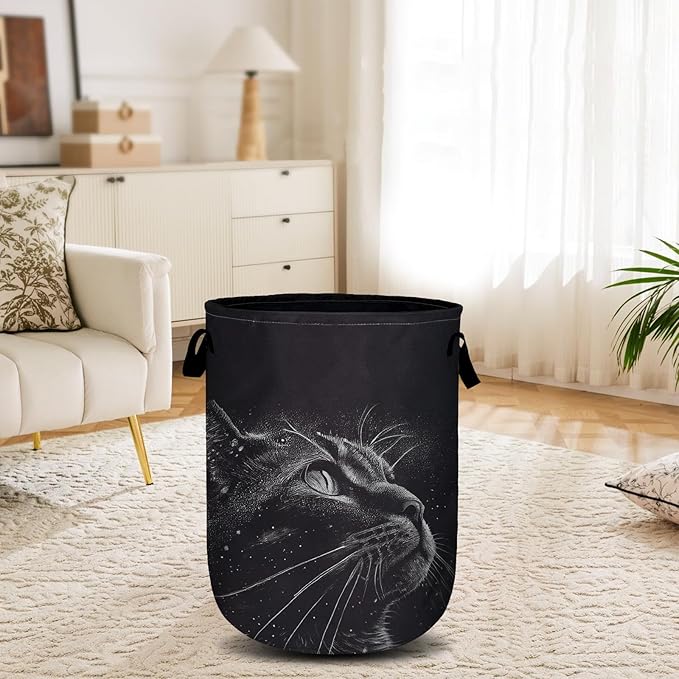 Black Cat Stars Night Laundry Basket, Laundry Hamper Collapsible Oxford Cloth with Handle Clothes Toy Storage Bin for Bathroom Laundry Room Bedroom 15.7 X 20 Inch