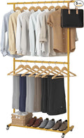 Sywhitta Double Rod Clothing Garment Rack, Rolling Coat Hanger with Bottom Mesh, Clothing Rack for Hanging Clothes, Coats, Skirts, Sweaters, Gold