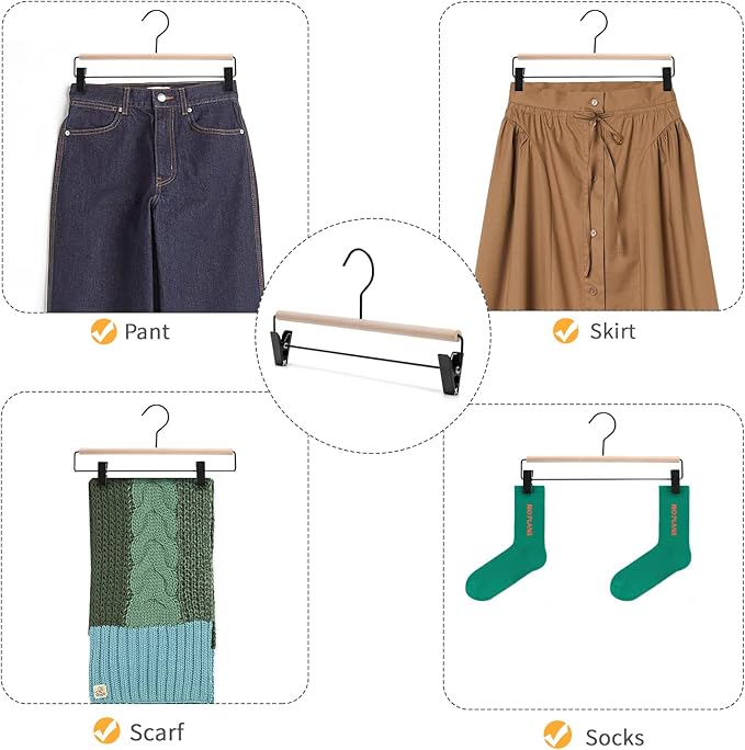 Nature Smile Beech Wooden Pants Skirt Hanger for Jeans Bottom Trousers with 2-Adjustable Black Matt Clips and Hook 10 Pack (Natural Wood+Black Metal)