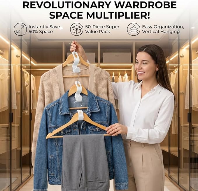 Hanger Connector Hooks – 50-Pack Clothes Hanger Connector Hooks – Space-Saving Hanger for Closet Organizer – Cascading Space Saver Hangers for Small Space Organization and Closet