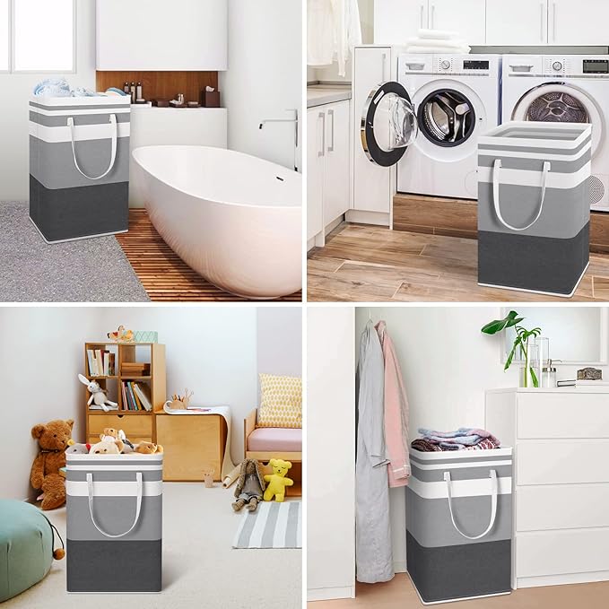 HomeHacks 2 Pack Large Laundry Baskets, Waterproof, Freestanding Laundry Hampers, Collapsible Clothes Hamper with Reinforced Handles in Laundry, College Dorm, Bathroom, Bedroom (Grey+Blue, 88Lx2)
