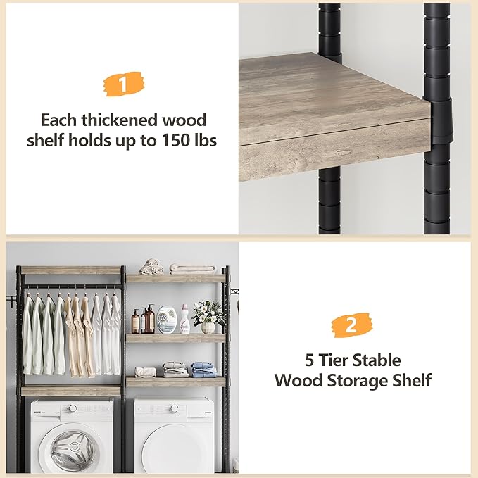 5-Tier Wood Over The Washer and Dryer Storage Shelf- Laundry Room Organization Space Saving Laundry Drying Clothes Racks Heavy Duty Adjustable Height Bathroom Shelf for Home Decor 65"L*12"D*74"H