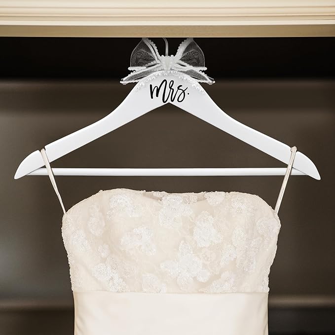 Bride Wedding Dress Pearl Mrs. Hanger with Pearl Ribbon Bow Elegant Wooden Dress Hanger to Be Ideal Keepsake for Wedding Day Gift(White,Mrs)
