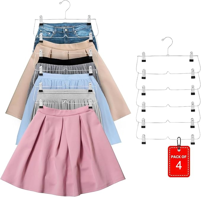 USTECH 6-Tier Skirt Hangers with Clips – Rust-Resistant Stainless Steel Multi-Layer Organizer for Skirts, Pants, and Women’s Clothing Storage – Non-Slip Adjustable Clips – Space Efficient, Pack of 4