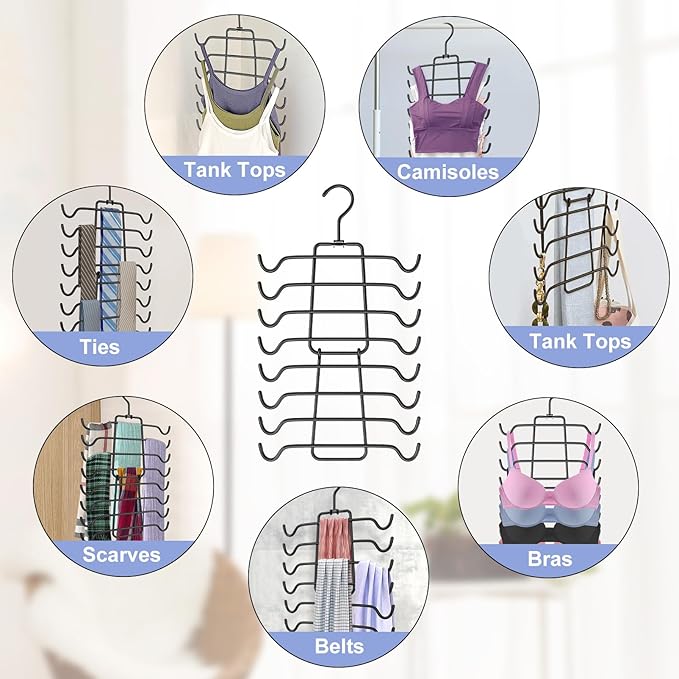 4Pcs Tank Top Hangers Space Saving Hanger Organizer Bra Hangers for Closet Organizer 360° Rotating Metal Closet Organizers and Storage Lingerie for Cami Bras Belts Swimsuits Lingeries Black