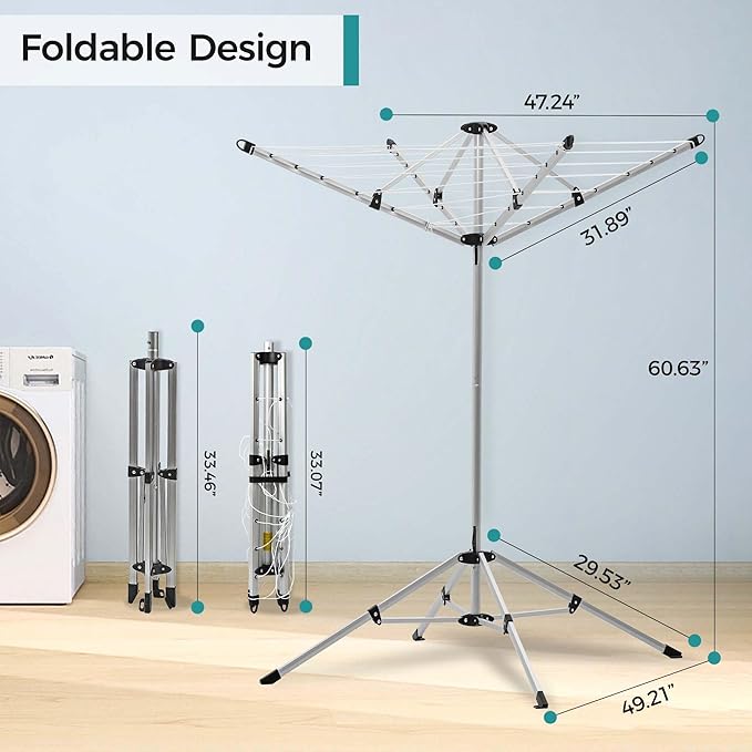 JS HANGER Indoor and Outdoor Portable Clothes Drying Rack with 4 Rotatable Arms for Hangers, 4 Legs, Collapsible Umbrella Laundry Air Dryer with 65 ft. of Hanging Space - Silver