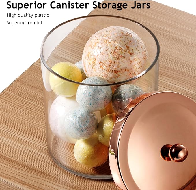 SheeChung 3 Pack 50 Oz Large Apothecary Jar with Rose Gold Rust-Proof Lid - Shatterproof Plastic Laundry Pods Container - Chic Rose Gold Bathroom & Vanity Storage Organizer for Scent Beads, Salts