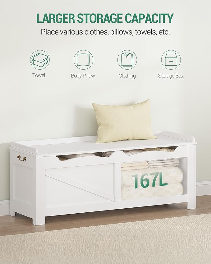47.2" Storage Chest, Extra Large Storage Trunk with 2 Hinges, Wooden Box Bench, Lift-Top Organizer Chest, Shoe Bench for Entryway, Bedroom, Living Room, White SB14503X