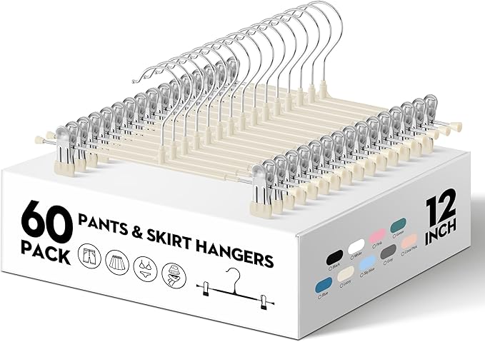 60PACK Pants Hangers with Clips Adjustable Skirt Hangers for Women Metal Non-Slip Trousers Hanger Heavy Duty Space Saving Clothes Hanger for Shorts,Jeans,12Inch Lvory