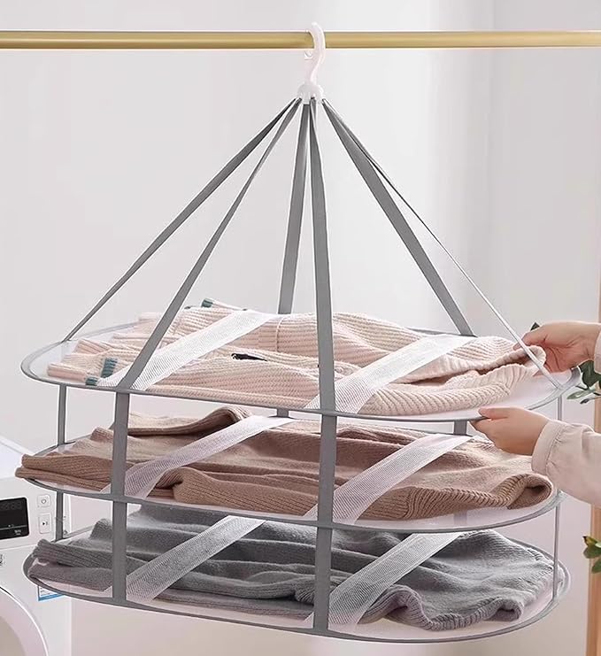 Clothes Drying Rack Foldable - 3 Tier Laundry Drying Rack, Sweater Drying Rack Flat Mesh, Clothes Air Dryer for Hanging Sweater Bras Delicates Dolls for Laundry Bathtub Balcony Outdoor, White