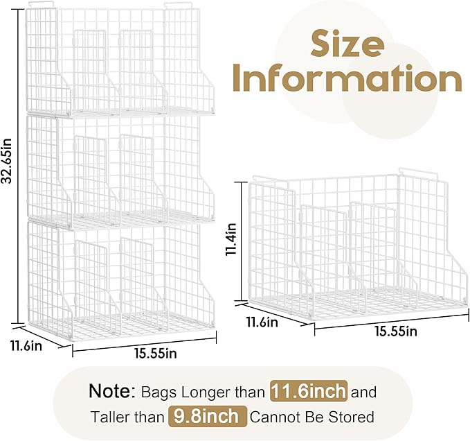 Sonyabecca Purse Storage Organizer for Closet : Adjustable 3-Pack Dividers Handbag Organizer - Stackable Wire Handbags Storage Baskets -Open Cabinets Wallets Tote Chain Bags Clutches -White