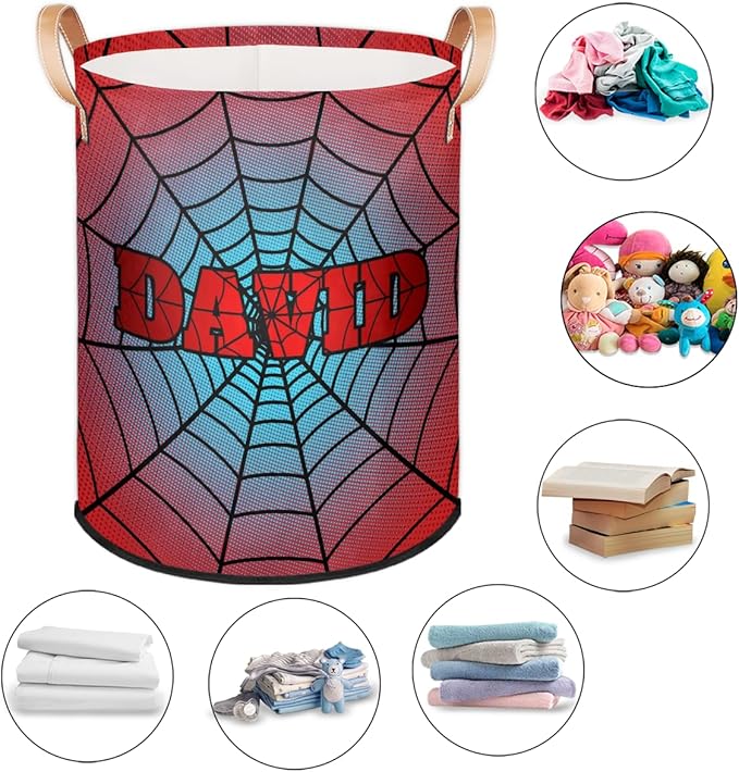 Spider Wed Personalized-Laundry-Hamper-Basket for Kids Custom Name Collapsible Storage Organizer Bin Dirty Clothes Toys Hamper for Boys Nursery in Laundry, Bedroom, Bathroom Dark Red