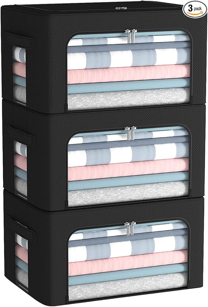 CYhom 3Pack Foldable Storage Bins - Frame Storage Box Linen Fabric Stackable Clothes Container Organizer with Clear Window & Carry Handles Large Capacity (Small-22L, Black)