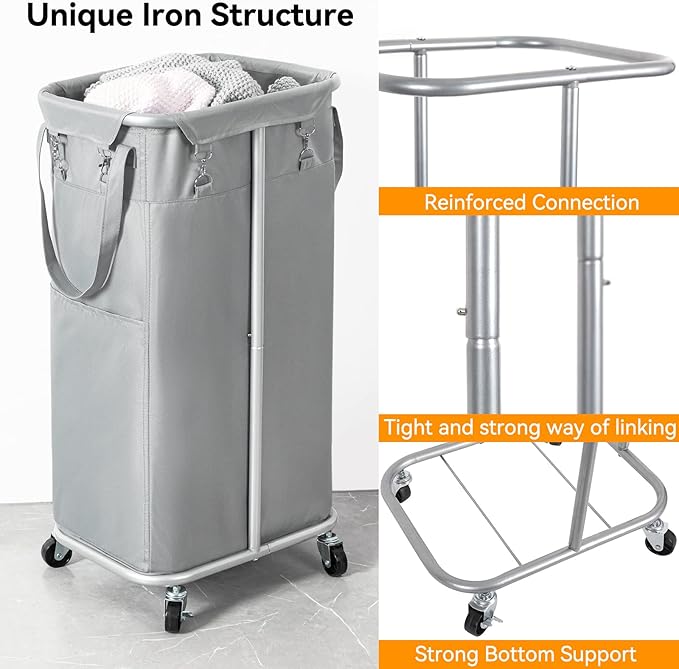 WOWLIVE 100L Rolling Laundry Hamper with Wheels Large Laundry Basket Organizer Laundry Cart with Steel Frame and Removable Bag Foldable Tall Dirty Clothes Hamper Dorm Room Storage for Bedroom (Grey)