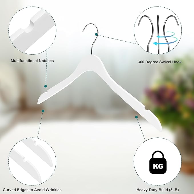 Luxury Ultra Thin 20 Space Saving Wooden Clothes Hanger, 360 Degree Rotating Hook, Best for Shirts, Blouses, Pant, Dress, Hangers White (White - Shirt/Blouse, 20)