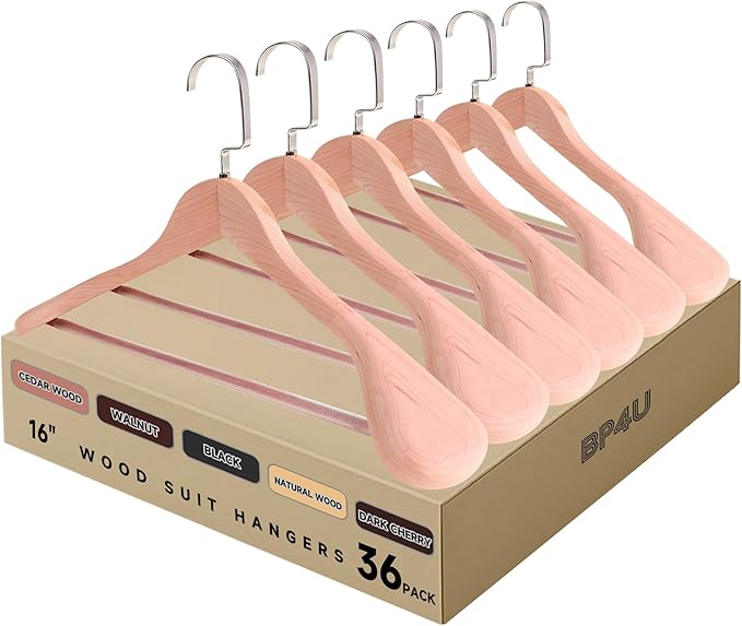 36-Pack Premium Wide Shoulder Wooden Suit Hangers, 16" Heavy-Duty Solid Wood Coat Hangers with Pant Bar for Women's Heavy Garments, Blazers, Jackets (Cedar Wood)
