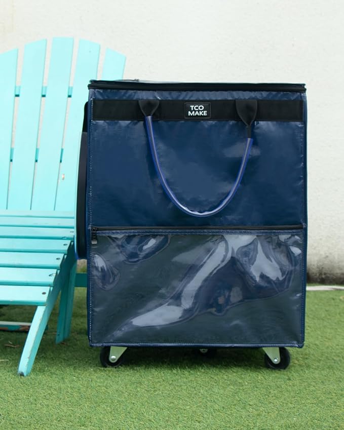 (Large, Dk Blue) Reusable Grocery Bag on Wheels, Shopping Bags with Wheels and Handle, Folding Rolling Tote, Zipper Cover, Carries Up to 76 LBS, for Laundry, Picnic