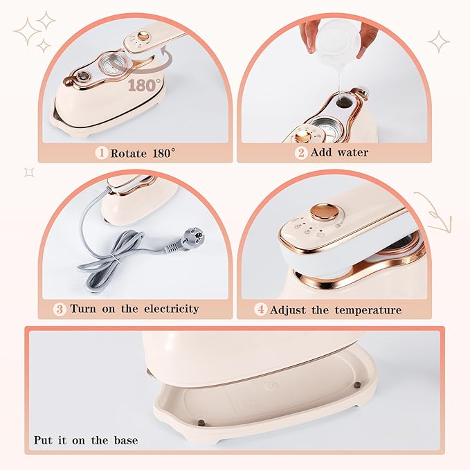VAYALT Mini Steamer Travel Iron for Clothes, 180° Rotating Handheld Steam Iron, Two Ironing Modes, Three steam levels, 15 Seconds Quick Preheat, Suitable for Dormitory, Home and Travel(Beige)