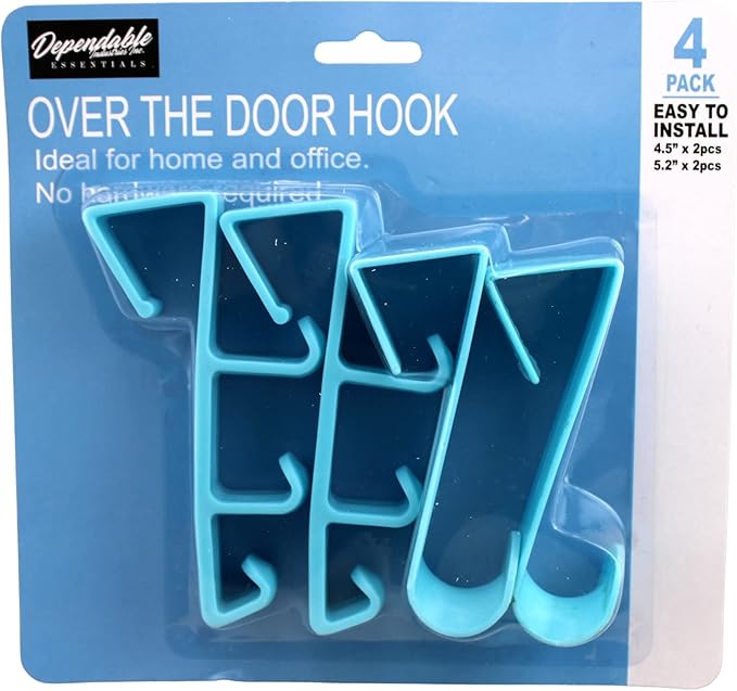 Over The Door Hooks Hangers - 4 Pack Blue Plastic Valet Set for Coats, Towels, Clothes, Bathrobes, Hats, Pocketbooks, and Shirts - Durable Rust-Proof Laundry Hanger and Closet Organizer