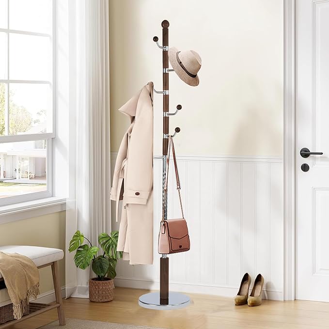 Wooden coat rack stand, Heavy duty coat racks tree freestanding with 6 Hooks and Sturdy Round Base, Coat tree for jacket,Hats, Bags, Purses, clothes (Round base-Walnut)