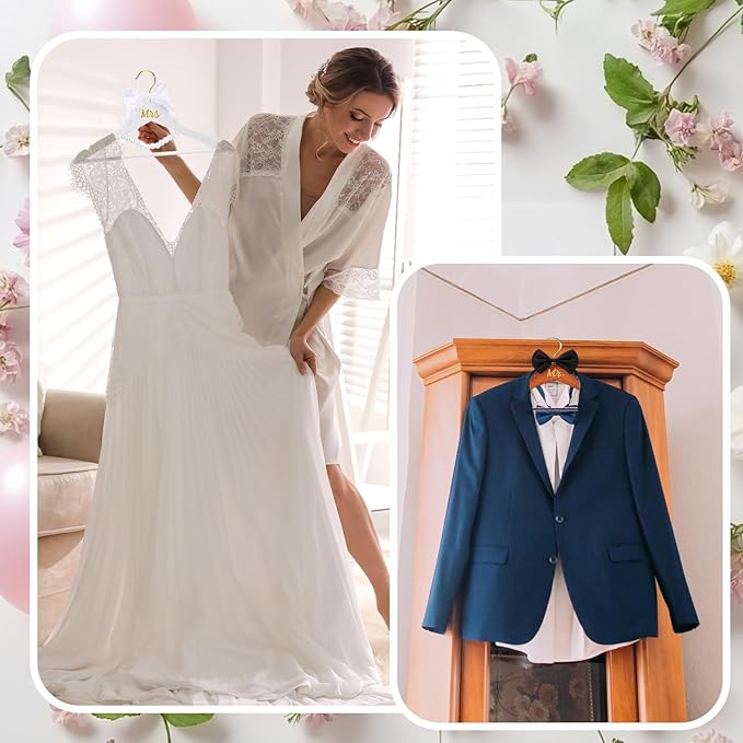 2 Pcs Bride Hanger for Wedding Dress Bride and Groom Wooden Wedding Dress Hanger Set with Bow Tie for Tuxedo Suit Gift Bridal Party Shower