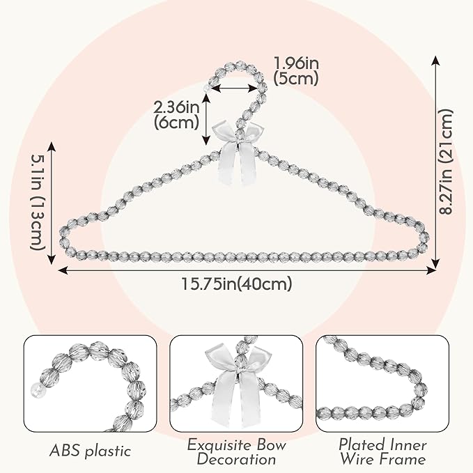 Beaded Clothes Hangers with Satin Bow – Set of 5, 15.7" Non-Slip Bead Hangers for Wedding Dresses, Boutique Display & Closet Decor - Gentle Gray