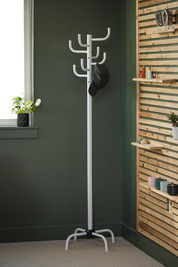 White Coat Rack-8 Hooks Freestanding Metal Coat Stand, Stable Coat Hanger Tree for Bags, Jacket, Clothes, and Hats - Sturdy Metal Construction 19.7x19.7x72.5 in. Entryway Organizer for Home or Office