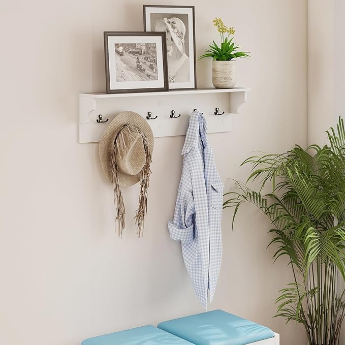Giantex Coat Rack Wall Mount, 31.5" Wooden Coat Hooks with Shelf, Wall Clothes Rack w/ 6 Dual Hooks for Hats Towels Purses Robes, Floating Display Shelf for Living Room Bedroom Entryway, White