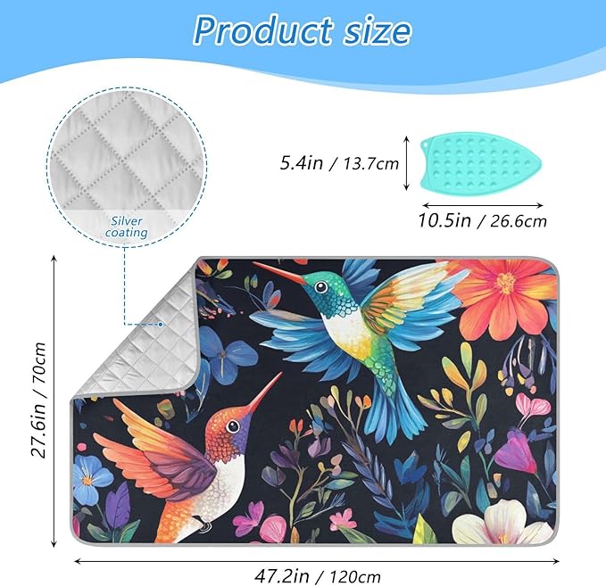 Portable Ironing Mat for Table Top Iron Pad Heat Resistant Blanket Portable Travel Ironing Board Covers Tabletop Sewing Pressing Quilting Large 27.6x47.2Inches Hummingbirds Flower Spring Black
