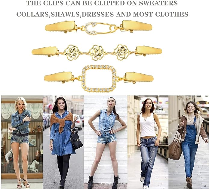 Vintage Sweater Clips Shawl Dresses Shirt Clips Retro Cardigan Collar Chain Clips Brooch Pins for Women