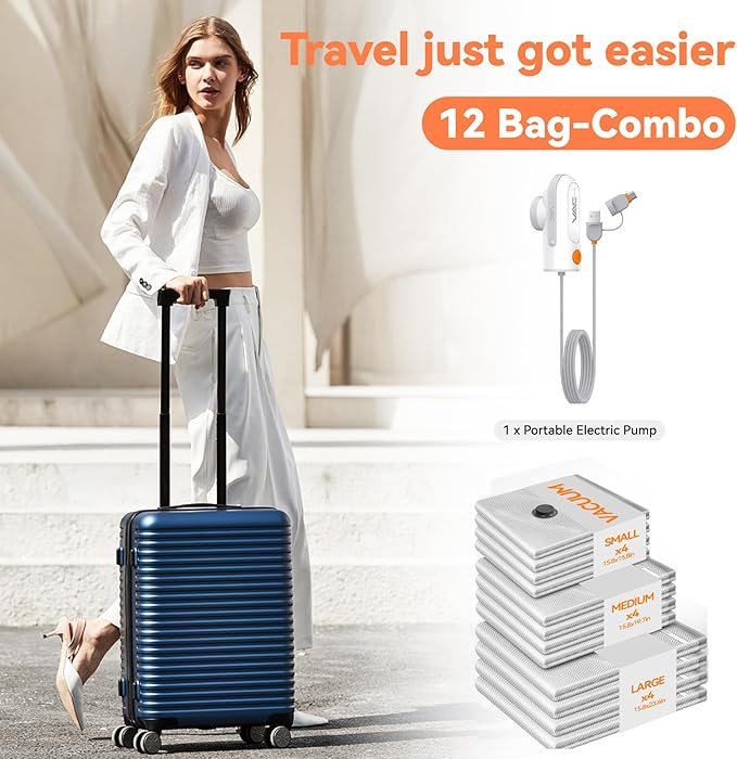 Vacuum Bags for Travel with USB and TYPE C Pump, 12 Pack Carry-on Size Compression Packing Bags for Luggage and Suitcase, Space Saver for Clothes and Clothing Travel（Grey）