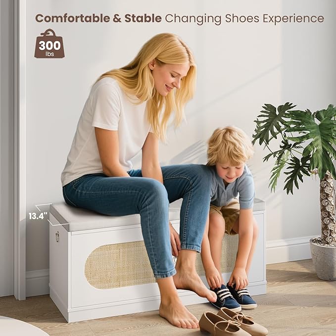 2-Tier Rattan Shoe Storage Bench, 39.4" W Shoe Bench with Padded Seat Cushion, Entryway Bench with Handles, 2 Doors, Adjustable Shelf for Living Room, Bedroom, Front Door, Hallway - Natural