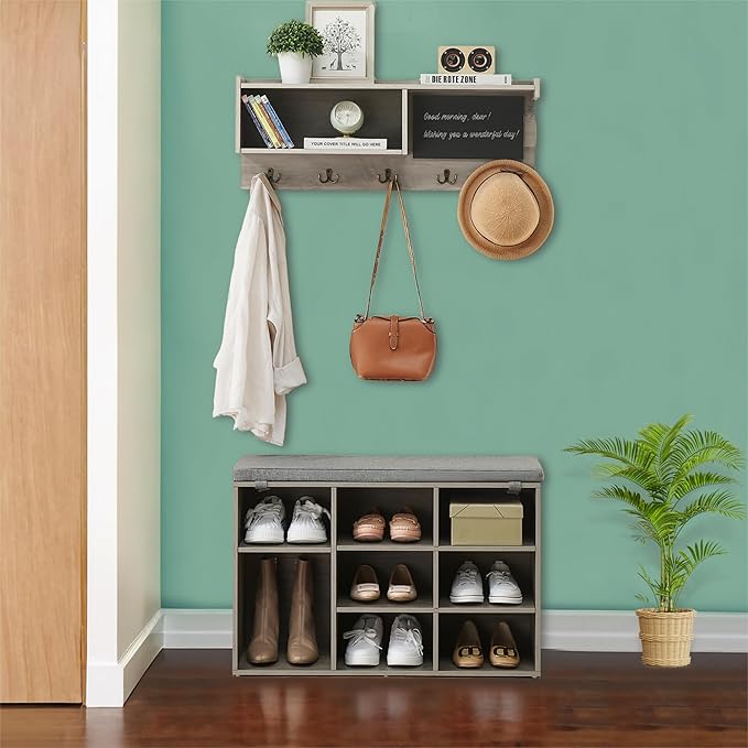 Entryway Shoe Bench with Coat Rack, Cushioned Storage Seat with Cubbies, Shoe Rack Bench for Front Door Entrance, Hall Tree with Hooks, Blackboard & Extra Storage for Entryway, Hallway & Living Room