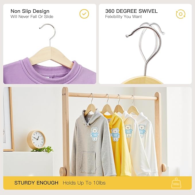 Kids Wooden Hangers 18 Pack,Baby Clothes Hanger with Smooth Finish Natural,Baby Wood Hangers with Non Slip Notches and Anti-Rust 360-degree Swivel Hook,Durable and Strong Wood for Closet