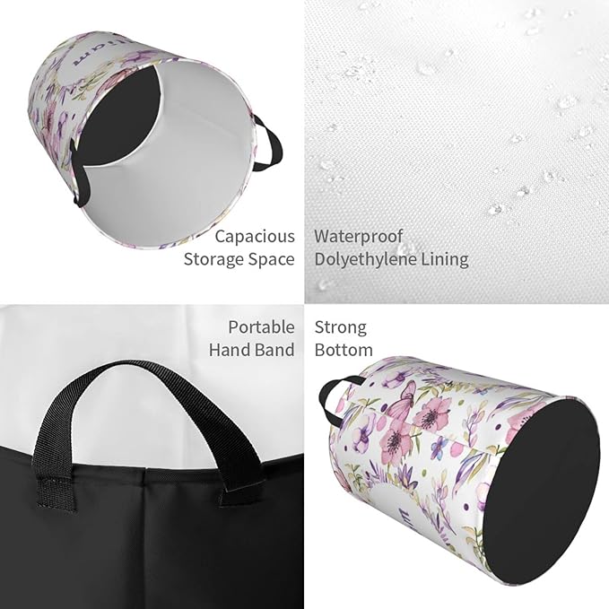 Beautiful Flowers Butterfly Customized Laundry Basket Clothes Hamper with Name Collapsible Waterproof Large Capacity Organizer Storage for Living Room.