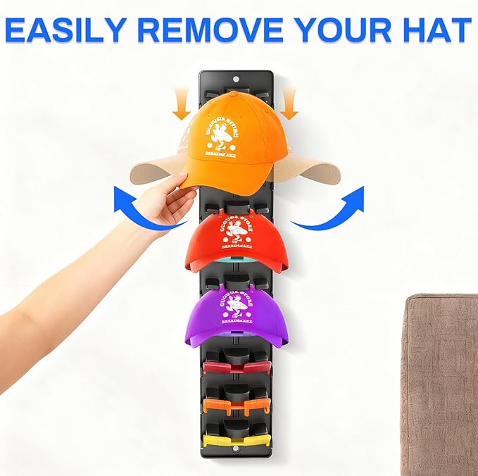 Hat Organizer for Baseball Caps, 2 Pack Hat Rack for Wall Door Closet Hold Up to 20 Hats, Spring Clip Hat Holder On Wall, Wall Mounted Hat Rack for Door Closet Bedroom (Adhesive or Screw Mount)