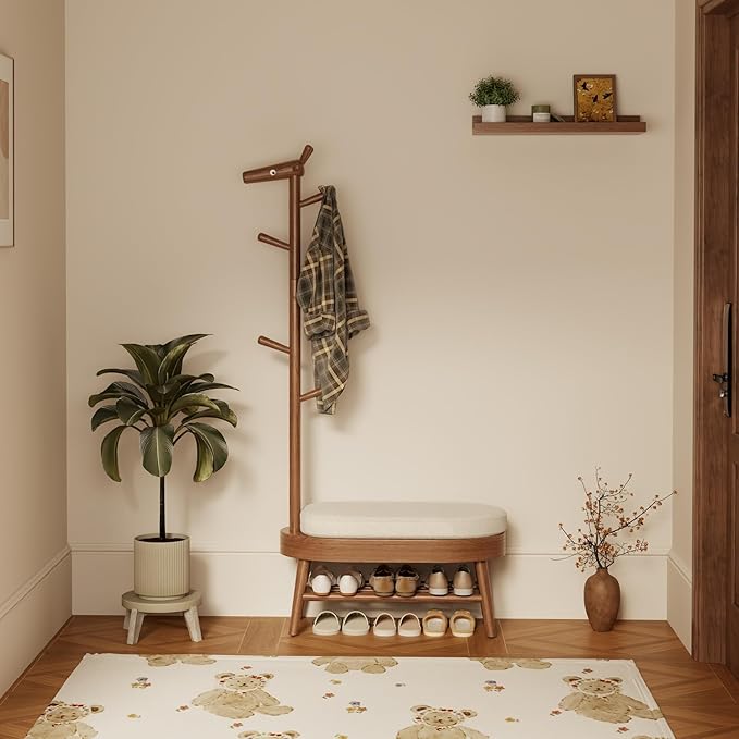 AQIMUELE Shoe Bench Entryway,Coat Rack with Shoe Storage, Coat Rack and Shoe Rack, Wooden Narrow Shoe Bench(Walnut)