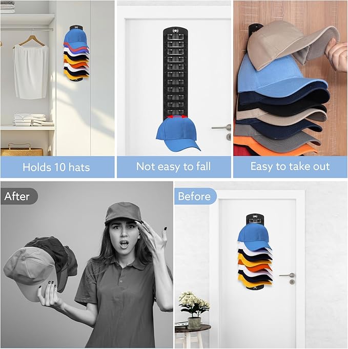Hat Organizer for Baseball Caps, 1 Pack Hat Rack for Wall Strong Adhesive Hat Hanger Hat Hooks Stand Organizer Storage Holder Display for Door Closet Bedroom