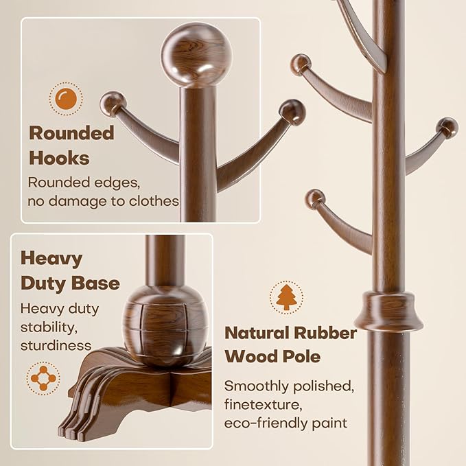 Hall Tree, Freestanding Wood Tree Rack with 7 Hooks, Coat Rack with Stable Sphere Base, Wooden Coat Rack Stand, Load 210 lb, Coat Hanger Stand for Entryway, Hallway, Bedroom, H:72 in, Walnut