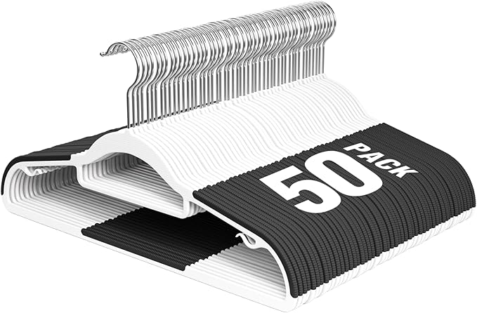 Plastic Hangers 50 Pack, 16.5 in Heavy Duty Clothes Hangers with 360° Swivel Hook, Non-Slip Bar & 0.2" Ultra-Slim Space-Saving Organizers for Coats, Pants, Suits, Shirts, White & Black