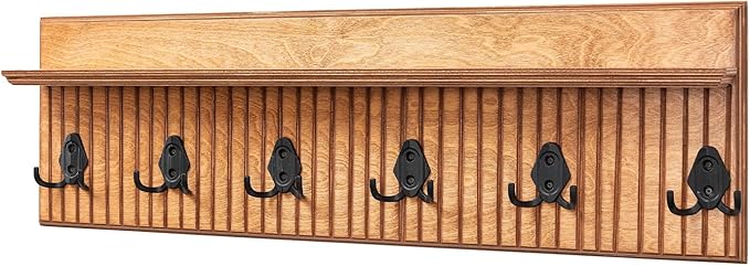 Rustic Wall Mounted Coat Rack with Shelf Wooden Entryway Organizer with 5 Metal Hooks for Coats Hats Towels Keys Floating Storage Shelf for Bathroom Bedroom (Oak, 32 inch Striped (4 Hooks))