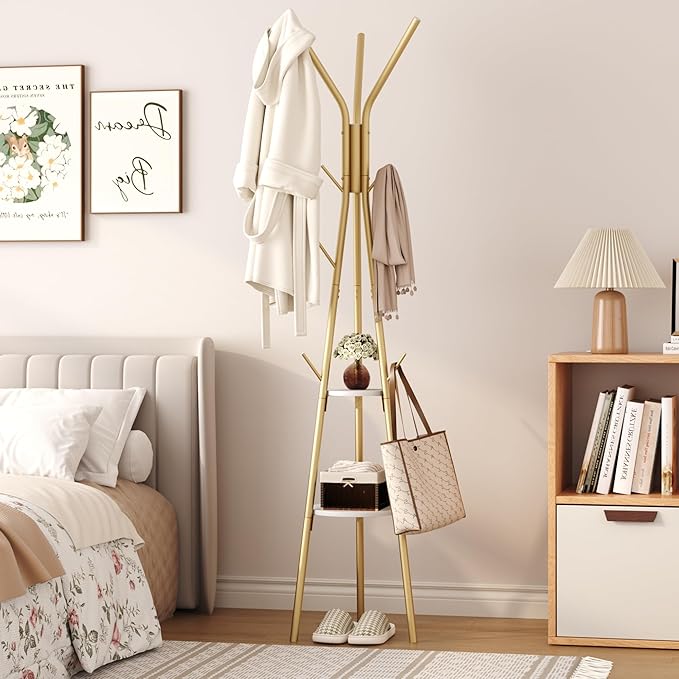 HOMEFORT Coat Rack, Coat Hanger Stand with 2 Shelves, Freestanding Hall Tree, Metal Hat Hanger with 12 Hooks for Clothes Hats and Scarves (Gold)