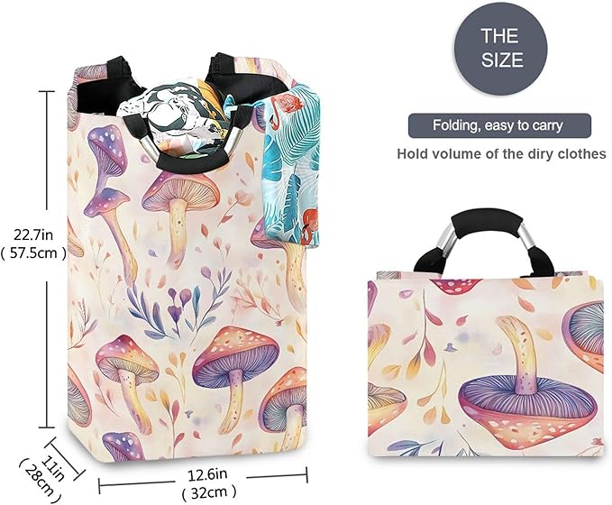 xigua Watercolor Cute Mushrooms Large Laundry Hamper with Handle, Foldable Clothes Hamper Collapsible Storage Basket for Toys and Clothes Organization in Bedroom, Bathroom, and Laundry Room