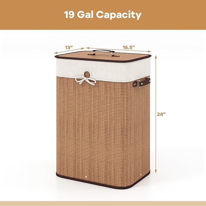 Giantex Bamboo Laundry Hamper with Lid, 72L Large & Tall Clothes Hamper with Removable Liner & Handles, Rectangular Laundry Basket for Small Spaces, Laundry Room, Bedroom