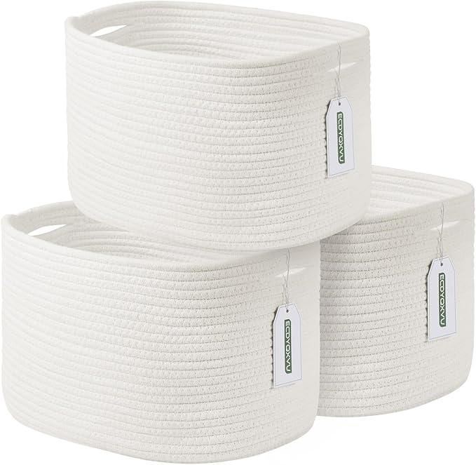 Cotton Rope Storage Basket, 15x10x9 Inches, Woven Basket for Shelves, Clothes, Towels, Books, and Laundry, White (3 Pack)