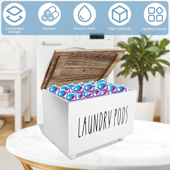 Farmhouse Laundry Pods Container with Lid, Solid Wood Dryer Sheet Holder, Stylish Laundry Pod Holder, Multipurpose Dryer Sheet Container for Laundry Room Kitchen Bathroom Organization Decor (White)