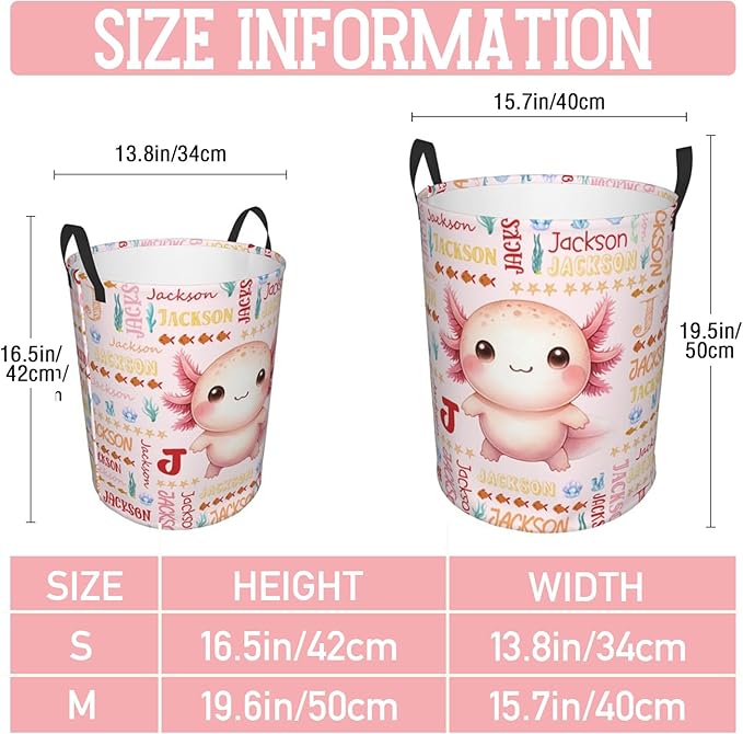 Axolotl Laundry Basket,Custom Laundry Hamper with Name,Personalized Axolotl Gifts for Boys Girls,Customize Collapsible Laundry Basket for Bedroom Bathroom,S-16.5"x 13.8"