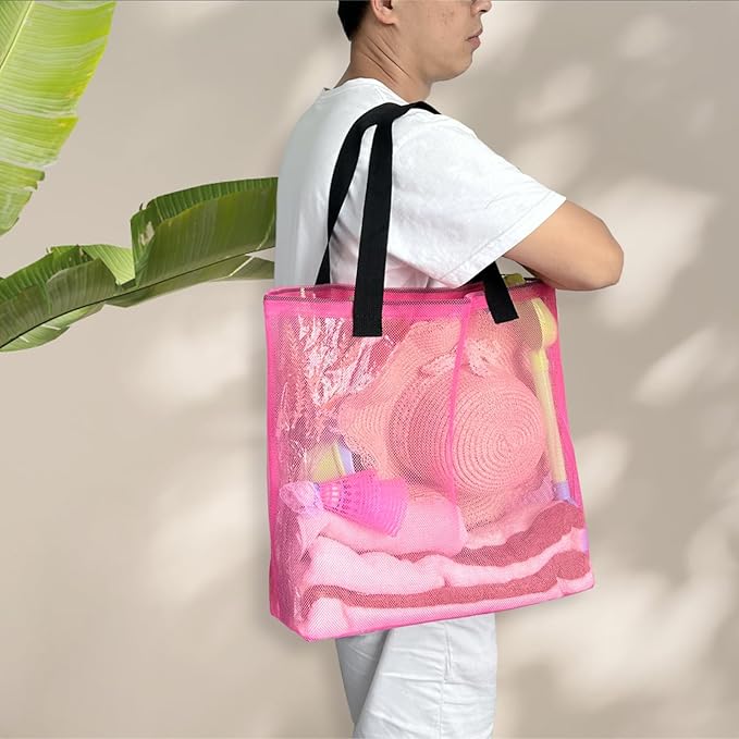 Reusable 4Pack Colorful Mesh Beach Tote Bags,Mesh Shopping Bag With Drawstring For Travel,Toys,Gift Or Laundry … …